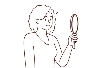 Smiling black woman look in mirror loving reflection 