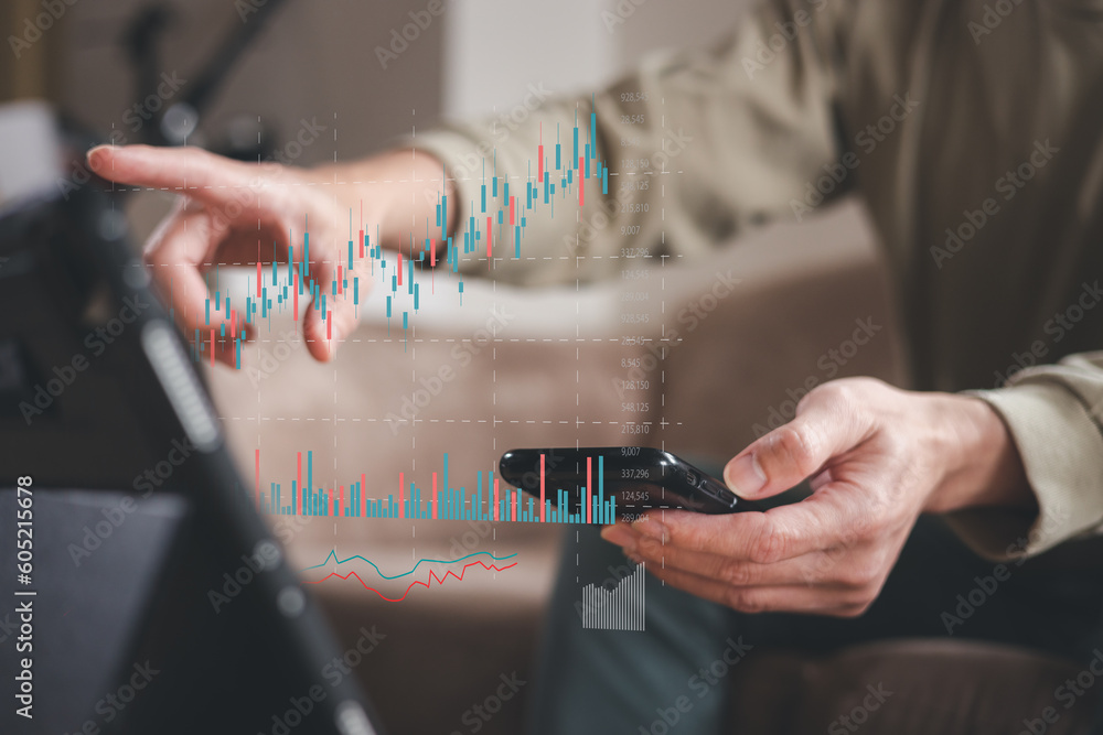 Aufkleber planning and strategy, stock market, trader or investor working at home. technical price graph and i