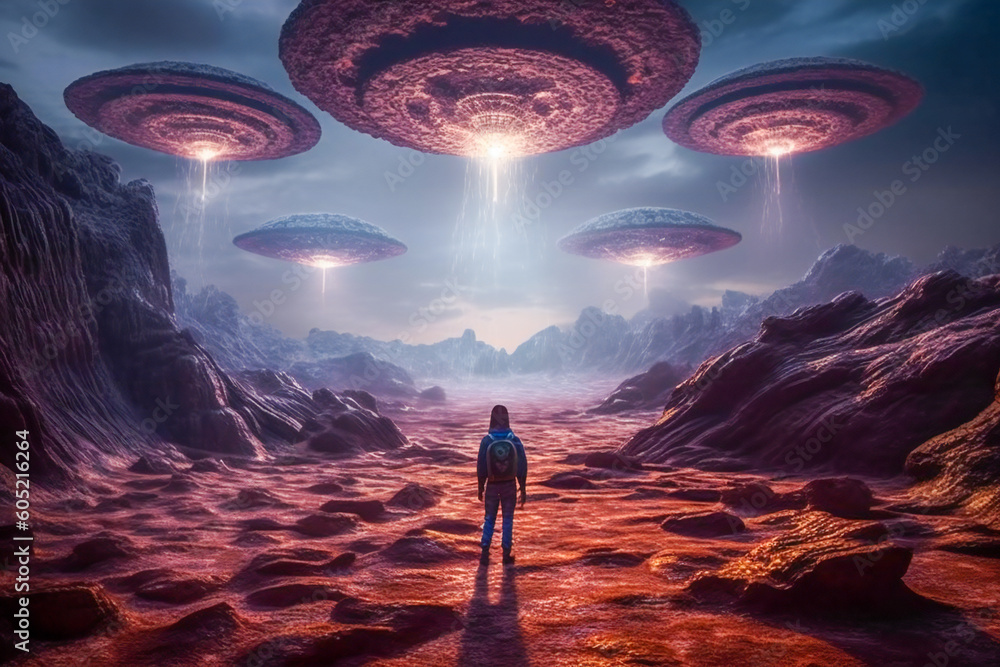 Poster weird alien structures on an alien planet. created with generative ai technology.