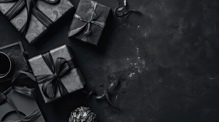 Black friday sale concept design of gift box and black tape on black background top view