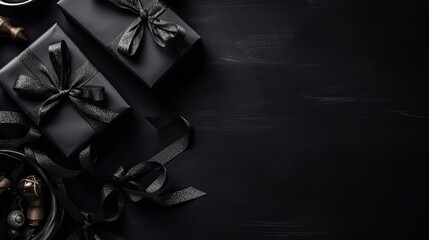 Black friday sale concept design of gift box and black tape on black background top view