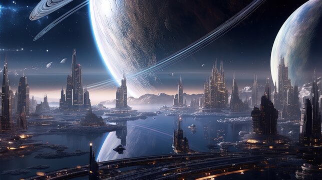 Futuristic space colony in planet near Jupiter using generative AI