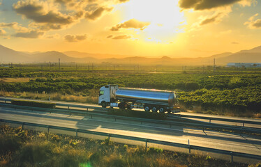 Isothermal Tank truck driving on highway on sunset. Oil and Gas Transportation and Logistics. Metal...