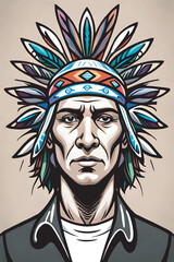Just beautiful black and white drawing of an American Indian man with bird feathers on his head 