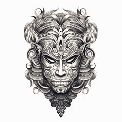 Black and white drawing of a Balinese Mask isolated on white. Tattoo idea for an ornamental mask in the style of Barong.