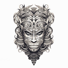 Black and white drawing of a Balinese Mask isolated on white. Tattoo idea for an ornamental mask in the style of Barong.