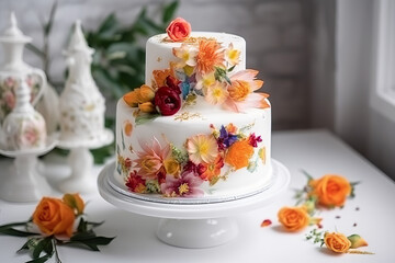 Obraz na płótnie Canvas white wedding cake decorated with color Generative Ai