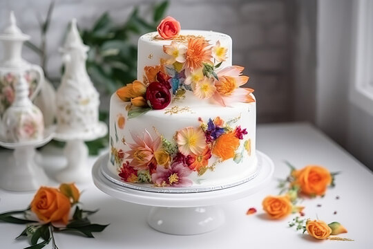 white wedding cake decorated with color Generative Ai