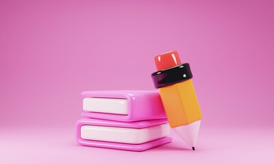 cute pink 3d rendering book with pencil icon isolated on pink background. 3d illustration