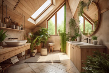Modern cozy wooden bathroom, eco interior design with beige colors and plants. Super photo realistic background, generative ai illustration