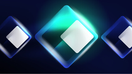 Abstract background landing page, glass geometric shapes with glowing neon light reflections, energy effect concept on glossy forms