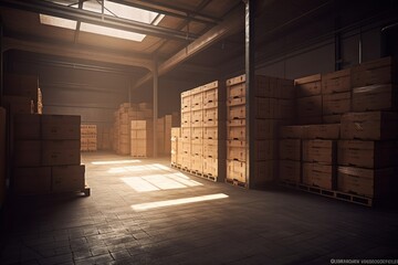 Large warehouse interior, filled with stacked cardboard boxes, ready for shipment. Indicates storage and logistics. Created by AI.