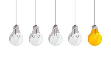 Naklejka premium Illustration hanging light bulbs with glowing one