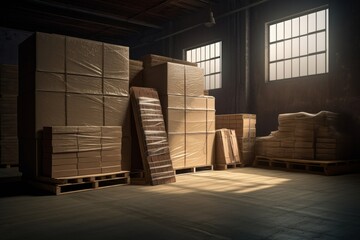 Vast warehouse storing cardboard boxes, preparing for shipment. Highlights the essence of storage and logistics. Created by AI.