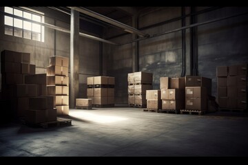 Spacious warehouse storing cardboard boxes, geared up for shipment. Represents the storage and logistics industry. Created by AI.