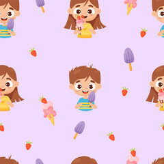 Seamless pattern with cute children girl and boy with ice cream on lilac background. Vector illustration in cartoon style. Summer funny kids collection.