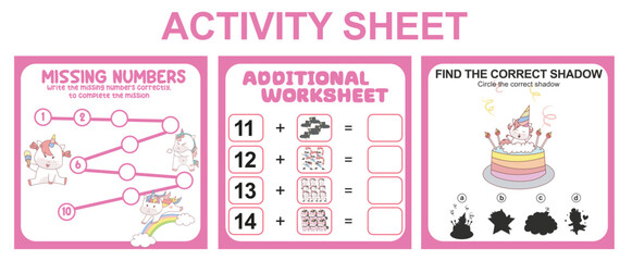 Activity sheet for children. 3 in 1 Educational printable worksheet. Missing numbers, counting worksheet and matching shadow worksheet. Vector illustrations.