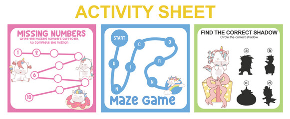 Activity sheet for children. 3 in 1 Educational printable worksheet. Missing numbers, maze game, and matching shadow worksheet. Vector illustrations.