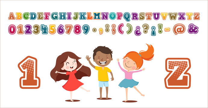 Fototapeta Children's font in the cartoon style of "childhood." Set of multicolored bright letters for inscriptions. Vector illustration of an alphabet.