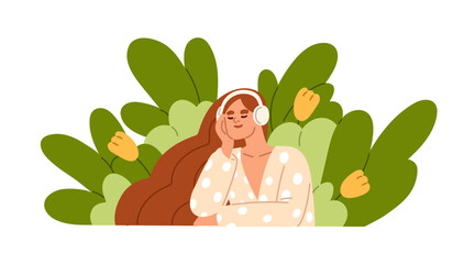 Woman in headphones listening to music, nature sound, audio track. Young happy girl enjoying song, melody, tune in head phones, relaxing, resting. Flat vector illustration isolated on white background
