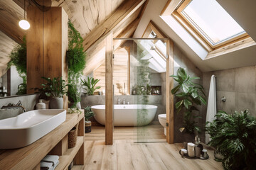 Modern cozy wooden bathroom, eco interior design with beige colors and plants. Super photo realistic background, generative ai illustration