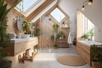 Modern cozy wooden bathroom, eco interior design with beige colors and plants. Super photo realistic background, generative ai illustration