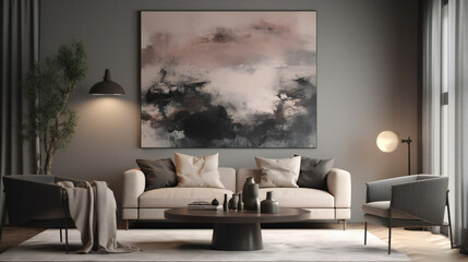 Stylish Living Room Interior with a Frame Poster, Modern interior design, 3D render, 3D illustration