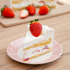 Slice of fresh strawberry shortcake with whipped cream, Japanese style