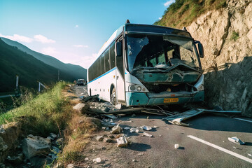 Obraz premium Bus went off the cliff on the road in the mountains. Generative AI.