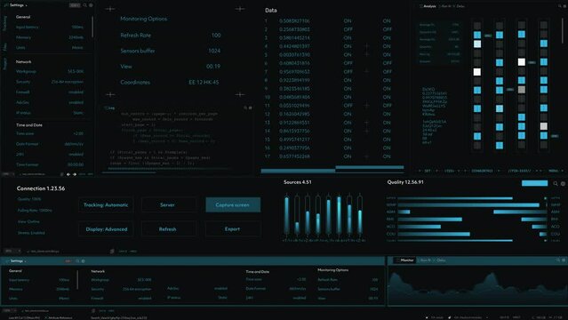Software Interface Showing Infographics, Cyber Security Checkup, Monitoring Data, Statistics, Analytics and Proper Functioning of Server Database. Mockup Template For Computer And Laptop Screens.