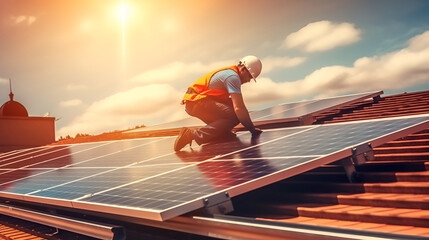 Man worker installing solar panels on roof, energy concept Generative AI