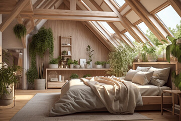 Fototapeta premium Modern cozy wooden bedroom, eco interior design with beige colors and plants. Super photo realistic background, generative ai illustration