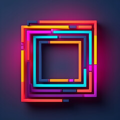 Multicolored glowing neon frames on a dark blue background, with empty space in the middle. Copyspace, top view, flat lay. Generative AI