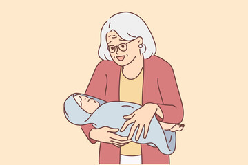 Elderly woman with newborn grandson smiles rejoicing at birth of new family member