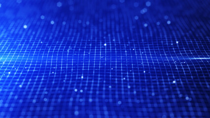 Abstract background grid wave particles floor ground perspective cyberspace with flares. Futuristic glittering in space on blue background.