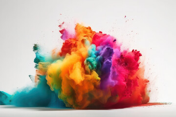 Vibrant splashes of pink, orange, yellow, blue, and green powder burst against a white background, creating a festive explosion of color. This image is AI generative.