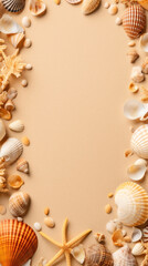 Obraz premium Arial view of a sandy beach with shells on the sides. Flat top summer concept background with lots of negative space for copy space.