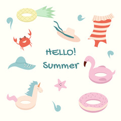 Set of cute summer icons: rubber ring, beach bags, swimwear, hats, food, drinks, palm leaves. Collection of scrapbooking elements for beach party.