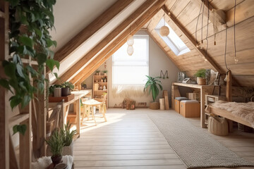 Modern cozy wooden bedroom, eco interior design with beige colors and plants. Super photo realistic background, generative ai illustration