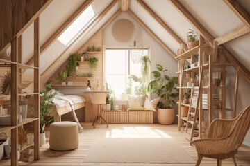 Fototapeta premium Modern cozy wooden bedroom, eco interior design with beige colors and plants. Super photo realistic background, generative ai illustration