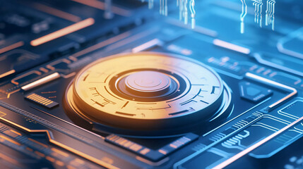 Fototapeta na wymiar A circular tech disk with yellow ambient. Generative AI