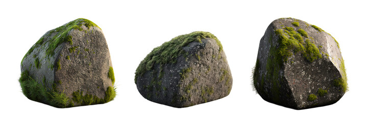 Beautiful natural rock with moss, transparent background, 3d rendering, can be used for natural garden yard decoration, generative ai.	