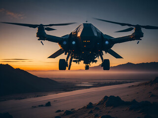 Drone flying over the desert in the sunset light. AI generated.