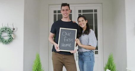 Portrait, property and a homeowner couple with a chalkboard for an announcement of their purchase together. Love, happy or smile with a man and woman looking proud of their real estate investment