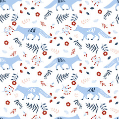 Winter seamless pattern. Christmas seamless pattern with foxes, winter branches, berries and flowers