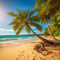 Plakat Sunny Tropical Beach with Palms Summer. Generative AI