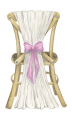 Chair for the wedding ceremony, decorated with white fabric and a pink bow. A piece of furniture. Watercolor illustration on a white background. Wedding clipart