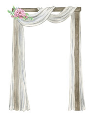 Wedding arch with wooden base, white fabric drapery and peonies. Watercolor illustration on a white background. Clipart for rural wedding ceremony