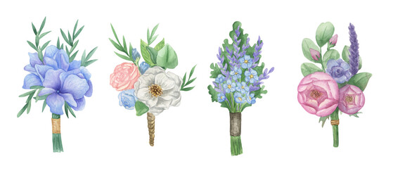 Collection of small floral wedding bouquets. Boutonnieres for the groom or guests from wild and garden flowers. Watercolor illustration on a white background. Wedding clipart