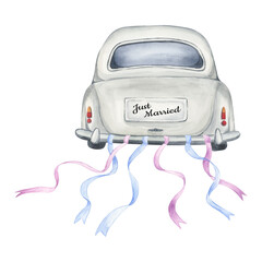 Retro car of white color with multi-colored ribbons rear view. Watercolor illustration on a white background. wedding car. Newlyweds car